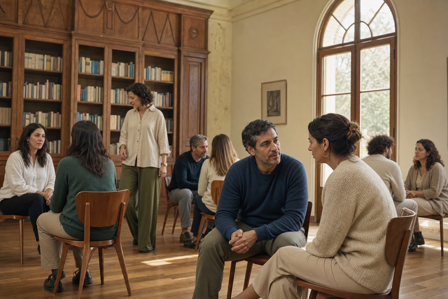 Trabajo en parejas durante una clínica sistémica en un espacio cálido